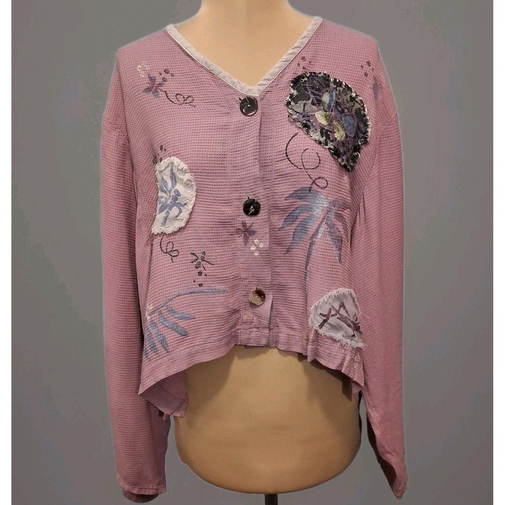 Bread Stanley Gretzinger‎ Womens Cropped Waffle Knit Cardigan Vtg 90s Patchwork